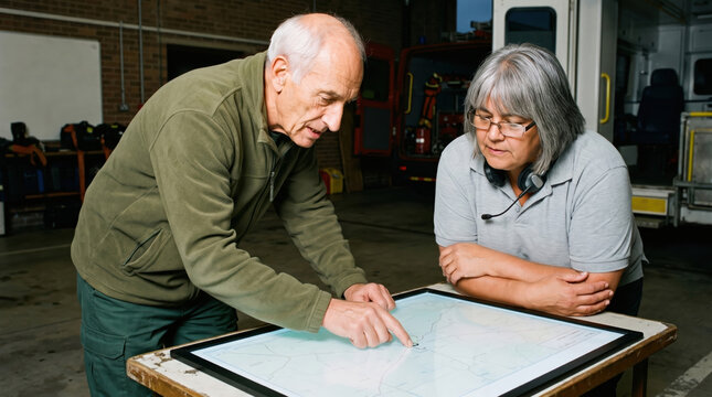 Senior emergency responders review map at fire station