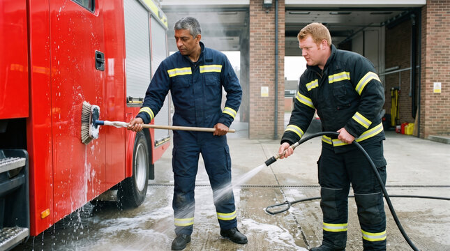 Firefighter wash fire truck outside station with hose