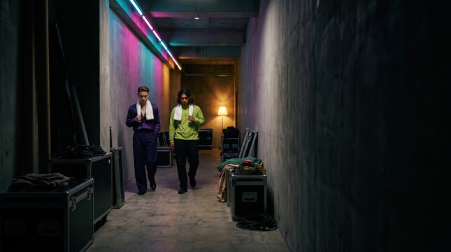 Performers walking back down a dark corridor after a show