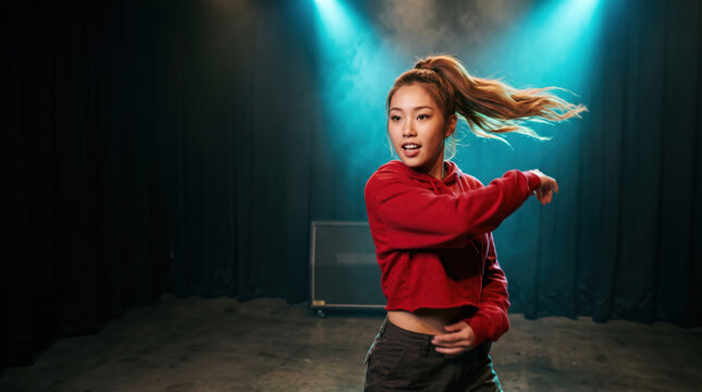 Young woman dance under dramatic blue stage light