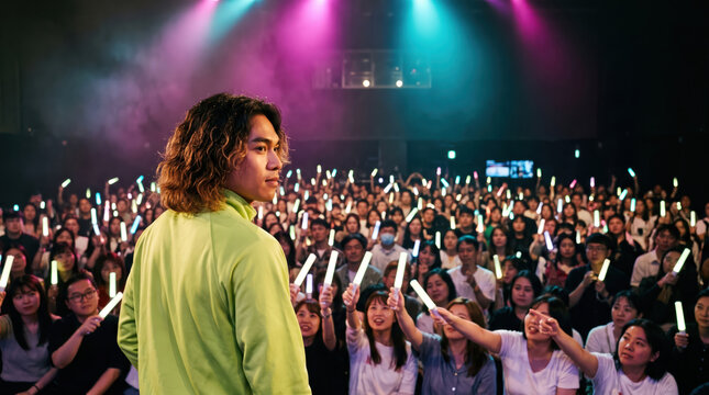 Music performer facing audience at colorful indoor concert