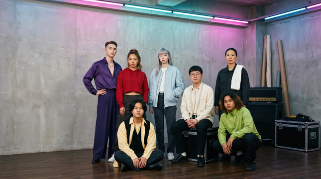 Diverse music band posing in neon-lit rehearsal studio