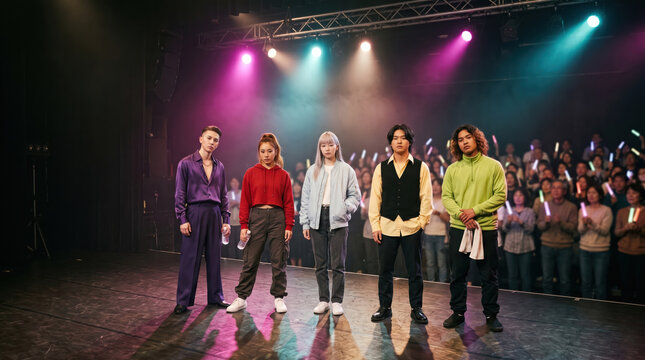 Diverse performers stand on stage before applauding audience