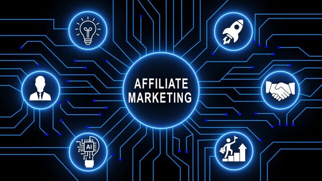 Futuristic affiliate marketing digital network concept animation with glowing blue circuit board lines, connected business strategy technology partnership, e-commerce growth, and online sales