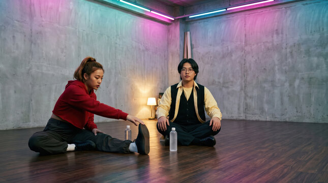 Two dancers warming up on a rehearsal studio floor