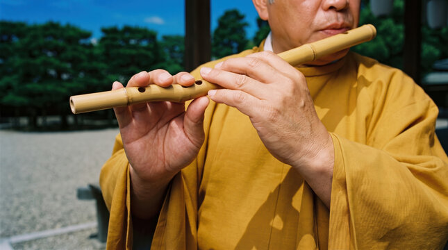 Elderly musician warms bamboo mouth organ before performance