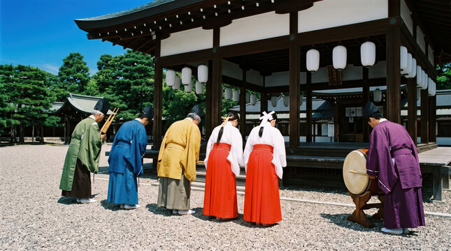 Two dancers bowing at the start of a ceremonial performance