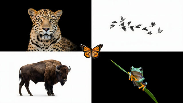 A collage featuring a leopard portrait, a flock of birds, a monarch butterfly, a standing american bison, and a tree frog on a green leaf