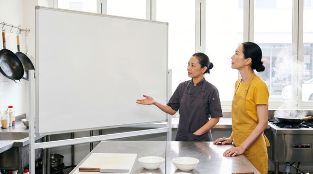 Asian chef teach cooking lesson in professional kitchen