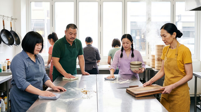 Asian teacher guide cooking class in professional kitchen
