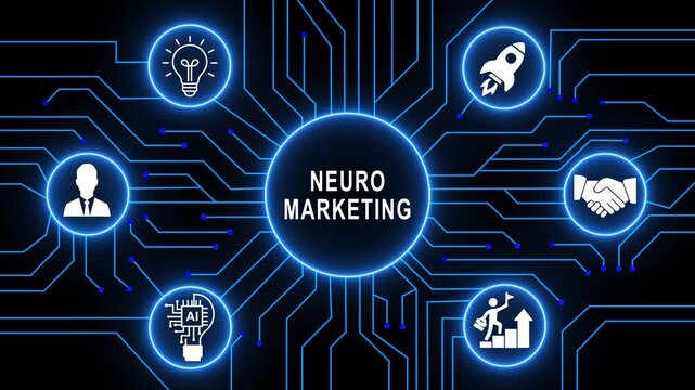 Dynamic neuromarketing concept animation featuring glowing blue circuit board patterns, artificial intelligence integration consumer psychology insights, and futuristic digital business strategy