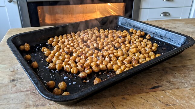 Roasted crispy chickpeas on baking tray on kitchen table