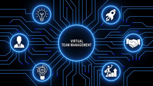Dynamic virtual team management infographic with glowing circuit board background, modern corporate leadership and remote collaboration technology concept animation loop