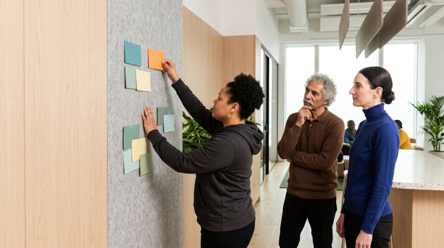 Colleagues organize ideas on felt wall for team planning