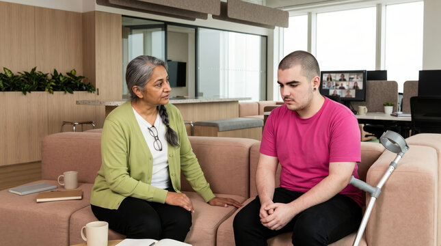 Colleague offer supportive listening to injured coworker