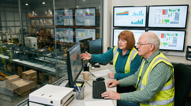 Warehouse workers monitor logistics data from control office