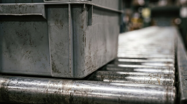 Steel conveyor roller with grey tote in warehouse close-up