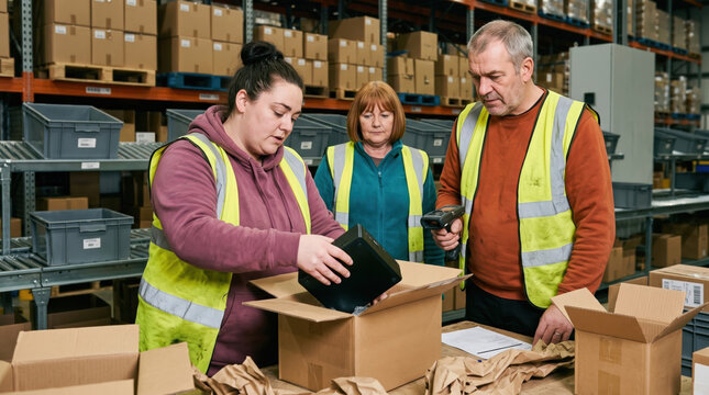 Warehouse worker inspect returned parcel at packing bench