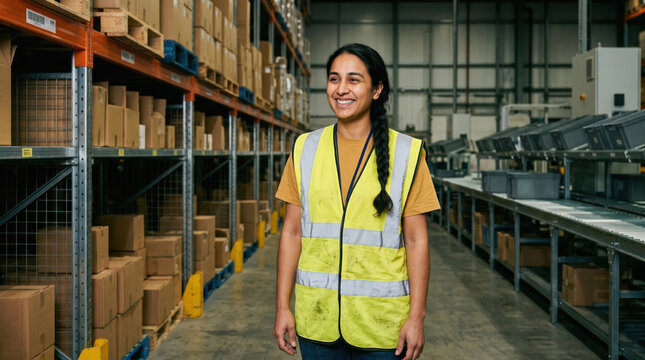 Smiling warehouse worker in safety vest among inventory shelves
