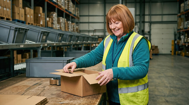 Warehouse worker assemble cardboard box at packing station