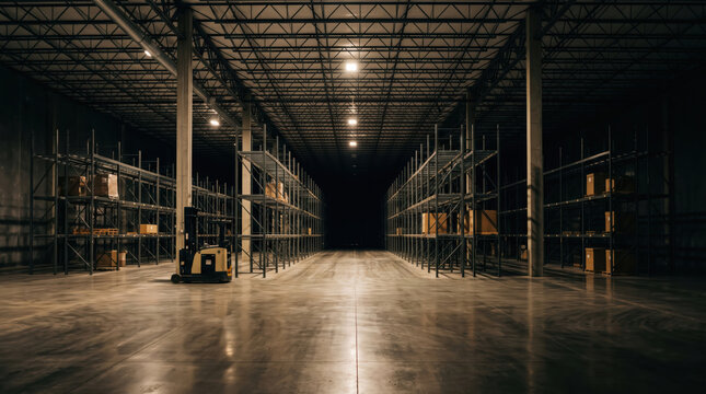 Empty warehouse aisle with racking under overhead lights