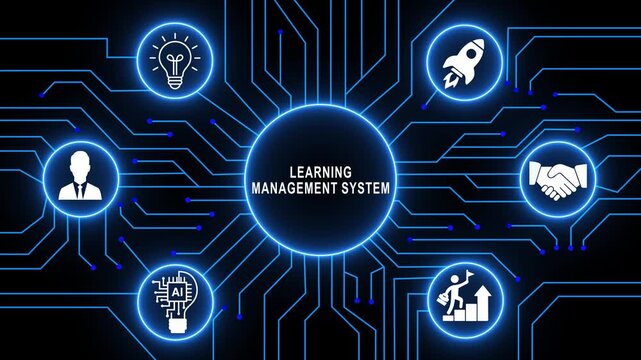 Comprehensive learning management system lms concept animation featuring futuristic digital circuit board interface with glowing blue nodes and educational for corporate training programs