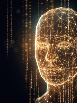 Low-polygon wireframe head with glowing edges and nodes