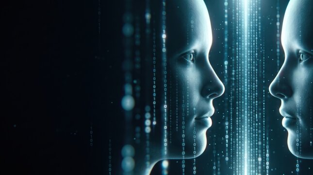Two digital figures linked by a braided cable of binary