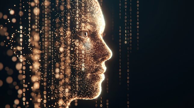 Binary code and glowing particle wave on dark background