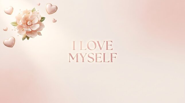 Elegant &ldquo;I Love Myself&rdquo; Self Love Affirmation in Metallic Lettering with Floral Decorations and Floating Hearts