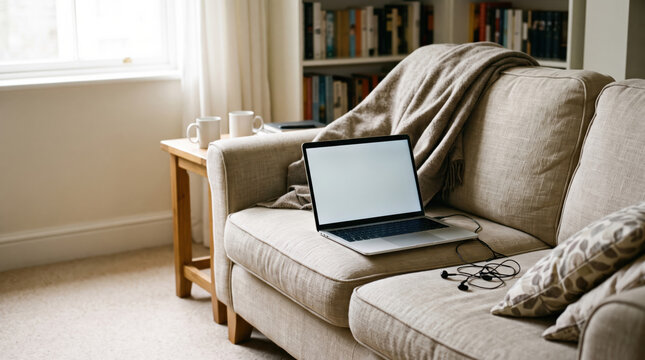 Laptop on sofa in cozy home office for remote work