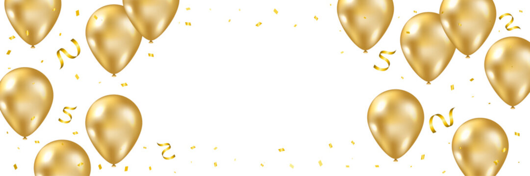 Golden Balloon and Confetti Floating on Transparent Background. Festive Abstract Frame for Birthday Party, Celebration Banner, and Sale Promotion. Vector Illustration