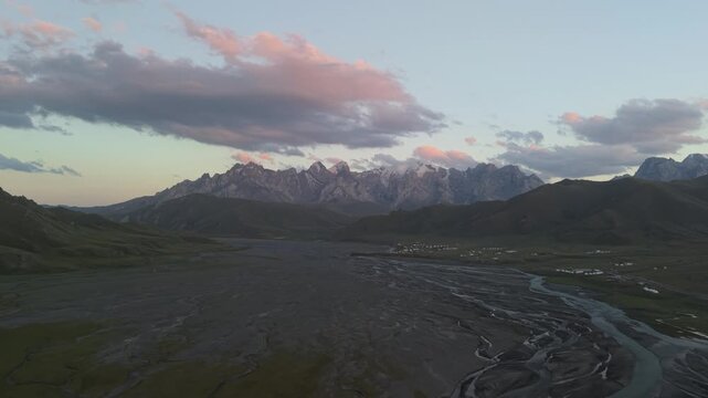 Kok Kiya valley Kyrgyzstan drone aerial 4k at sunset
