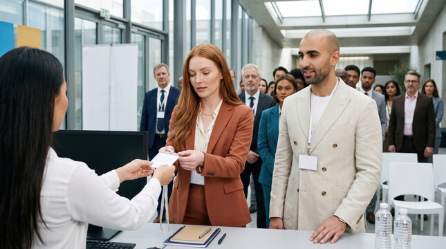 Executives register at a corporate conference reception