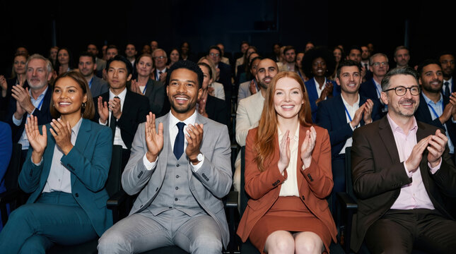 Diverse executives applaud presentation at corporate conference