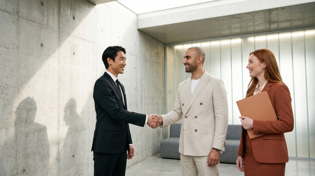 Executives in formal suits seal business partnership agreement