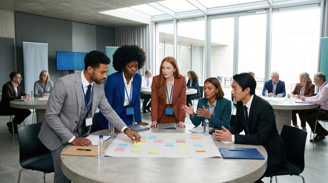 Diverse executives collaborate during strategic business meeting