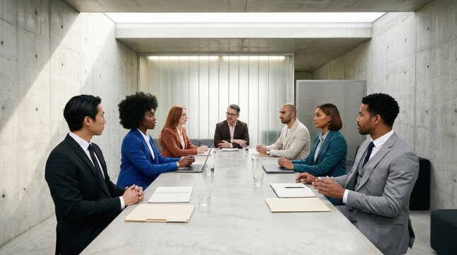 Diverse executives discuss strategy in modern boardroom