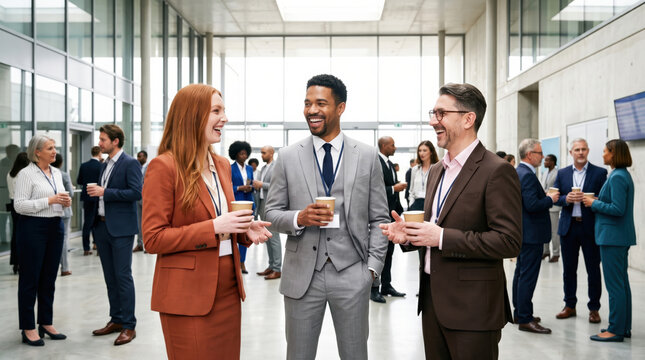 Executives converse during coffee break in modern office