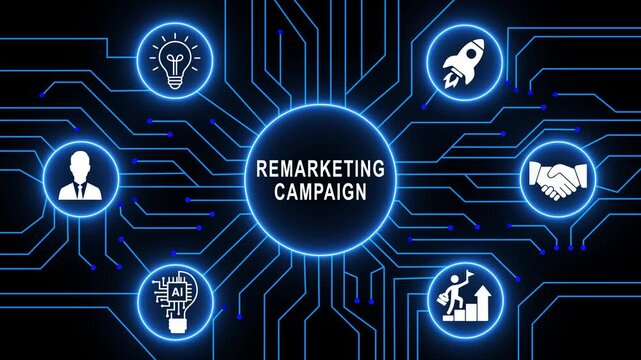 Digital marketing concept featuring glowing blue circuit board interface with remarketing campaign text and associated representing business strategy and growth