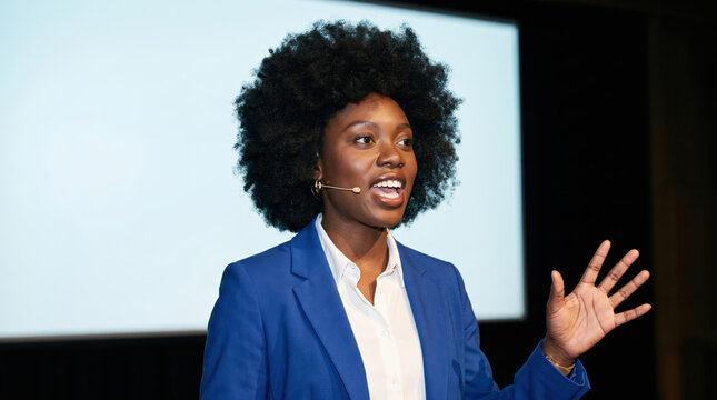 Black executive deliver business presentation on stage