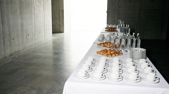 Catering table with coffee cups and pastry in concrete hall