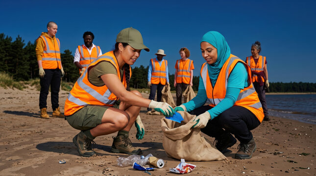 Volunteers collect plastic waste during beach cleanup