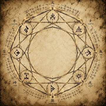 Ancient Octagonal Magic Circle with Fictional Glyphs on Aged Paper