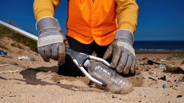 Volunteer collect plastic bottle during beach cleanup effort