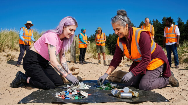 Volunteers sort beach waste during coastal cleanup event