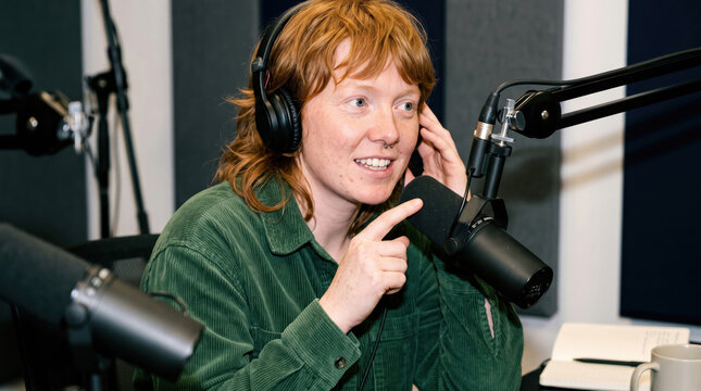 Red-haired woman record podcast in professional studio