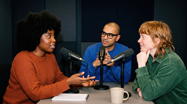 Podcast panel discussion with three diverse studio hosts