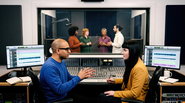 Podcast studio team record discussion in control room