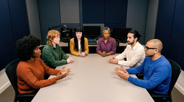 Diverse team discuss ideas in a professional podcast studio
